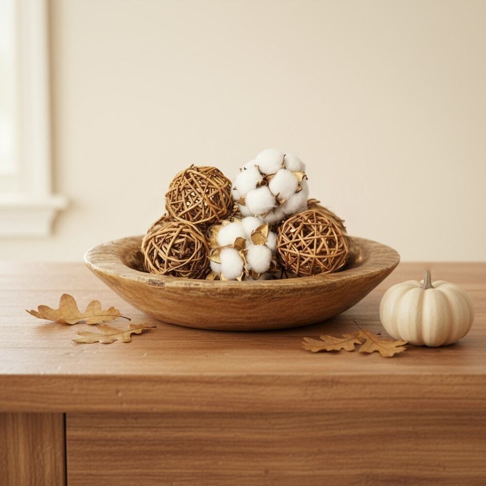 Decorative Bowl Filler Wicker Rattan Balls-Cotton Boll Orb-Farmhouse Decor-Set 5